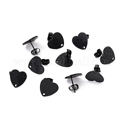 Accessoires de puces d'oreilles en 304 acier inoxydable, avec des poussoirs d'oreilles, coeur texturé, électrophorèse noir, 12x13mm, Trou: 1.5mm, pin: 0.7 mm