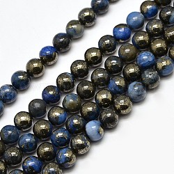Pierres précieuses plaquent perles rondes de pyrite naturelle brins, teinte, bleu, 8mm, Trou: 1mm, Environ 50 pcs/chapelet, 15.74 pouce