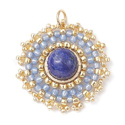 Pendentifs ronds plats en lapis-lazuli naturel, breloques de perles de graines japonaises tissées à la main, 27.5~28x25~25.5x8.5mm, Trou: 3.5mm