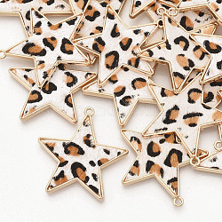 Pendentifs en cuir de vachette écologique, avec des supports de cabochon en alliage plaqué or, étoile avec motif imprimé léopard, linge, 36.5x35x2~3mm, Trou: 1.8mm