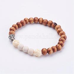 Perles d'agate et de bois naturelles, Avec des billes de bouddha en alliage et des résines de lotus de résine, burlywood, 2-3/8 pouce (59 mm)