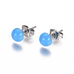 Accessoires de puces d'oreilles peints en spray en 304 acier inoxydable, avec dos de boucle d'oreille, demi-rond, bleu profond du ciel, 6x3mm, pin: 0.8 mm