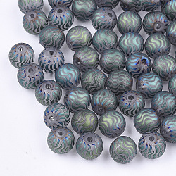 Electroplate Glass Beads, Frosted, Round with Wave Pattern, Cadet Blue, 8~8.5mm, Hole: 1.5mm