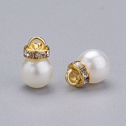 Pendentif perle acrylique, avec strass en cristal et boucle en fer doré, ronde, blanc, 15x10mm, Trou: 2mm