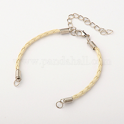Braided PU Leather Cord Bracelet Making, with Iron Findings and Alloy Lobster Claw Clasps, Platinum, Cornsilk, 170x3mm, Hole: 4mm