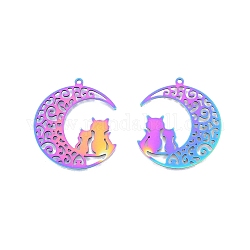 Ion Plating(IP) 201 Stainless Steel Pendants, Moon with Cat, Rainbow Color, 32.5x29x1.5mm, Hole: 1.5mm