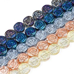 Perles en verre plaquent brin, plat rond avec la fleur rose, couleur mixte, 10x4mm, Trou: 0.9mm, Environ 65~66 pcs/chapelet, 24.80 pouce ~ 25.20 pouces (63~64 cm)