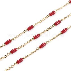 Ion Plating(IP) 304 Stainless Steel Cable Chains, with Enamel Oval Beads, Soldered, with Spool, Flat Oval, Golden, Red, 5x2.5mm, Link: 2x1.6x0.3mm, about 32.8 Feet(10m)/roll