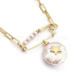 Collares de perlas naturales colgante, con abalorios de concha de perla, fornituras de broche de latón y caja de cartón, plano y redondo con estrella, dorado, 17.71~18.11 pulgada (45~46 cm)
