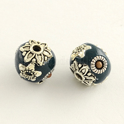 Round Handmade Indonesia Beads, with Antique Silver Plated Alloy Cores, Cadet Blue, 10~11mm, Hole: 2mm