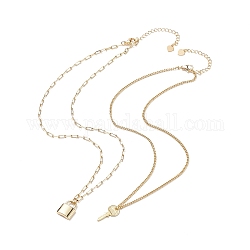 2Pcs 2 Style Brass Padlock & Key Pendant Necklace Set, Couple Necklaces with Paperclip Chains for Best Friends Lovers, Golden, 15.75~17.91  inch(40~45.5cm), 1Pc/style