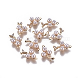 Pendente in ottone, con zirconi cubici e perle di perle imitazione acriliche, fiore, vero placcato oro 18k, 16x10x5mm, Foro: 1 mm