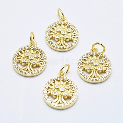 Brass Micro Pave Cubic Zirconia Charms, Long-Lasting Plated, Lead Free & Nickel Free & Cadmium Free, Flat Round with Tree, Real 18K Gold Plated, 14.5x12x2.5mm, Hole: 3mm