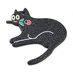 猫がテーマのアクリルパーツ  グリッターパウダー付き  ローズ  ブラック  42x38x2.3mm  穴：1.8mm