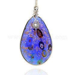 Handmade Foil Glass Big Pendants, Gold Sand and Millefiori, with Platinum Plated Brass Findings, Teardrop Necklace Big Pendants, Royal Blue, 75x42x7mm, Hole: 4x5mm