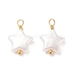 Pendentifs en plastique imitation perle ABS, avec de véritables accessoires en laiton plaqués or 18 carat, breloque étoiles, blanc, 14x9.5x3.5mm, Trou: 1.5mm