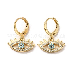 Horse Eye Brass Dangle Leverback Earrings, with Cubic Zirconia, Real 18K Gold Plated, 22.5x17.5mm