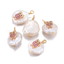 Pendentifs de perles d'eau douce de culture naturelle, avec accessoires zircon cubique micro pave en laiton, pépites avec hibou, or, rose foncé, 17~26x11~16x5~11mm, Trou: 1.6~2mm