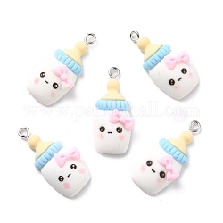 Resin Pendants, with Platinum Iron Peg Bail, Milk Bottle with Bowknot, Ghost White, 30x15x8mm, Hole: 2mm