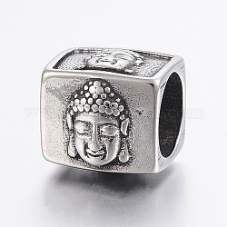 304 perline in acciaio inossidabile, perline con foro grande, cubo con buddha, argento antico, 12x13x11mm, Foro: 8 mm