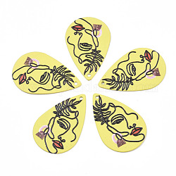 Pendentifs en fer peint, de Style caoutchouté, 3d imprimé, motif imprimé femme, larme, jaune, 27.5x18x0.7mm, Trou: 1.2mm
