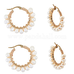 Unicraftale 304 Stainless Steel Hoop Earrings, with Natural Pearls, Ring, Golden, 34.5x36x7mm, Pin: 0.7x1mm, 2pairs/box