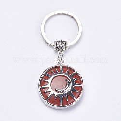 Porte-clés en jaspe rouge naturel, avec accessoires en laiton, plat rond avec le soleil et la lune, 64mm