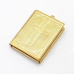 Cadres photo en laiton pendentifs médaillons, rectangle avec la croix, sans nickel, brut (non plaqué), 39.5x26.5x6mm, Trou: 3mm