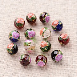 Flower Picture Printed Glass Round Beads, Mixed Color, 12mm, Hole: 1mm