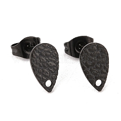 Accessoires de puces d'oreilles en 304 acier inoxydable, avec le trou, goutte d'eau texturée, électrophorèse noir, 10x6mm, Trou: 1mm, pin: 0.8 mm