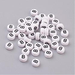 Flat Round with Letter B Acrylic Beads, with Horizontal Hole, White & Black, Size: about 7mm in diameter, 4mm thick, hole: 1mm