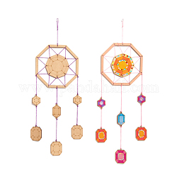 DIY Octagon Wind Chime Making Kit, Including 1Pc Wood Plates, 1 Card Cotton Thread and 1Pc Plastic Knitting Needles, for Children Painting Craft, Mixed Color, Thread & Needle: Random Color