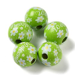 Perles européennes en bois imprimé sur le thème de Pâques, Perles avec un grand trou   , ronde, vert jaune, 16mm, Trou: 4.5mm