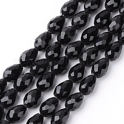 Glass Beads Strands, Faceted, teardrop, Black, 12x8mm, Hole: 1mm, about 55~60pcs/strand, 28.3 inch