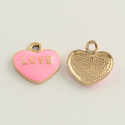 Light Gold Tone Metal Alloy Enamel Charms, Heart with Word Love, For Valentine's Day, Pink, 16x17x3mm, Hole: 2.5mm