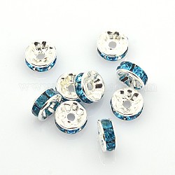 Séparateurs perles en laiton avec strass, couleur argentée, sans nickel, aigue-marine, 8x3.8mm, Trou: 1.5mm