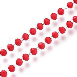 Handgefertigte facettierte Acrylperlenketten, mit Spule, gelötet, rot, Edelstahl Farbe, Perle: 3x3 mm, ca. 32.8 Fuß (10m)/Rolle