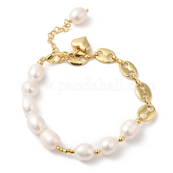 Bracelet à breloques en forme de cœur en laiton avec placage en rack et chaînes de perles naturelles, sans cadmium et sans plomb, véritable 18k plaqué or, 7-3/8 pouce (18.7 cm)