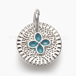 Brass Enamel Charms, Lead Free & Cadmium Free, Flat Round with Flower, Dark Turquoise, Platinum, 10x1.5mm, Hole: 3mm