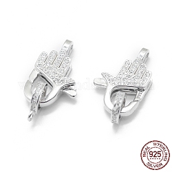 Rhodium Plated 925 Sterling Silver Lobster Claw Clasps, with Cubic Zirconia, with 925 Stamp, Palm, Clear, Platinum, 26mm, Clasp: 20x12.5x4mm, Hole: 1.9mm and 1.5mm