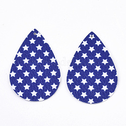 Thème de la fête de l'indépendance, gros pendentifs en cuir pu, Double Sided, larme, avec motif étoiles, bleu, 56x37x1.5mm, Trou: 1.8mm