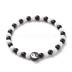 Polymer Clay Yin Yang & Acrylic Round Beaded Stretch Bracelet for Women, Black and White, Inner Diameter: 2-1/8 inch(5.5cm)