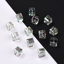 Electroplate Transparent Glass Beads, Faceted Cube, Rainbow Plated, Clear, 8x8x8mm, Hole: 1.8mm