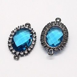 Gunmetal Plated Brass Faceted Glass Oval Links, with Micro Pave Cubic Zirconia, DeepSky Blue, 29x18x6mm, Hole: 1mm