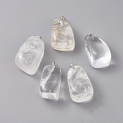 Pendentifs de cristal de quartz naturel, pendentifs en cristal de roche, avec les accessoires en laiton de tonalité de platine, pépites, 23~30x13~22x12~20mm, Trou: 5x3mm