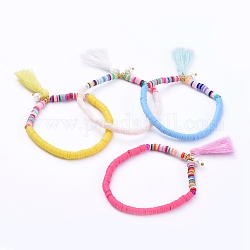 Bracelets extensibles avec breloque, avec des perles heishi en pâte polymère, glands de fil de coton, perles de verre et perles de laiton, couleur mixte, 2-1/8 pouce (5.4 cm)