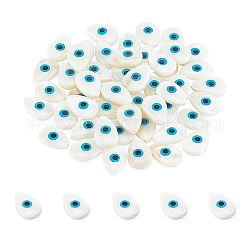 Nbeads Natural Freshwater Shell Beads, Teardrop with Evil Eye, White, 14x9.5x3.5~6mm, Hole: 1mm, 50pcs/box
