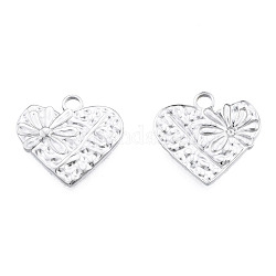 201 Stainless Steel Pendants, Heart with Flower, Stainless Steel Color, 18.5x20x2mm, Hole: 2.5mm