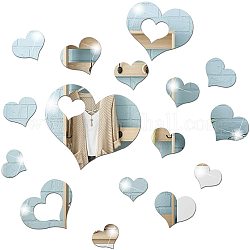 AHANDMAKER Heart Shaped Mirror Wall Stickers, 64Pcs Acrylic Removable Love Heart Shape Mirror Setting Wall Sticker Decal for Home Living Room Bedroom Decoration, Multi-Size, Silver
