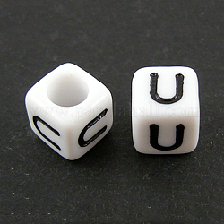 Perles européennes de lettre en acrylique, trou horizontal, cube, letter.u, 10x10x10mm, Trou: 3.5~4mm, environ 59 pcs/50 g